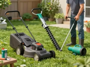 Outils de jardin FUXTEC posés sur une pelouse, tronçonneuse et tondeuse visibles