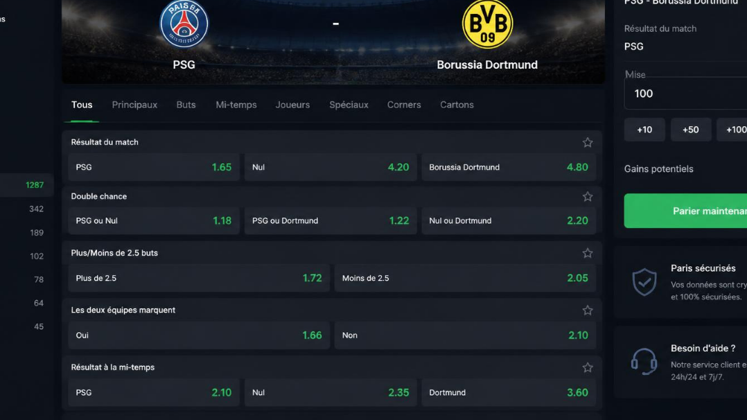 Écran de paris sportifs en ligne affichant les cotes d'un match de football