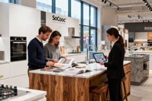 Cuisine équipée SoCoo'c avec façades claires et plan de travail en bois